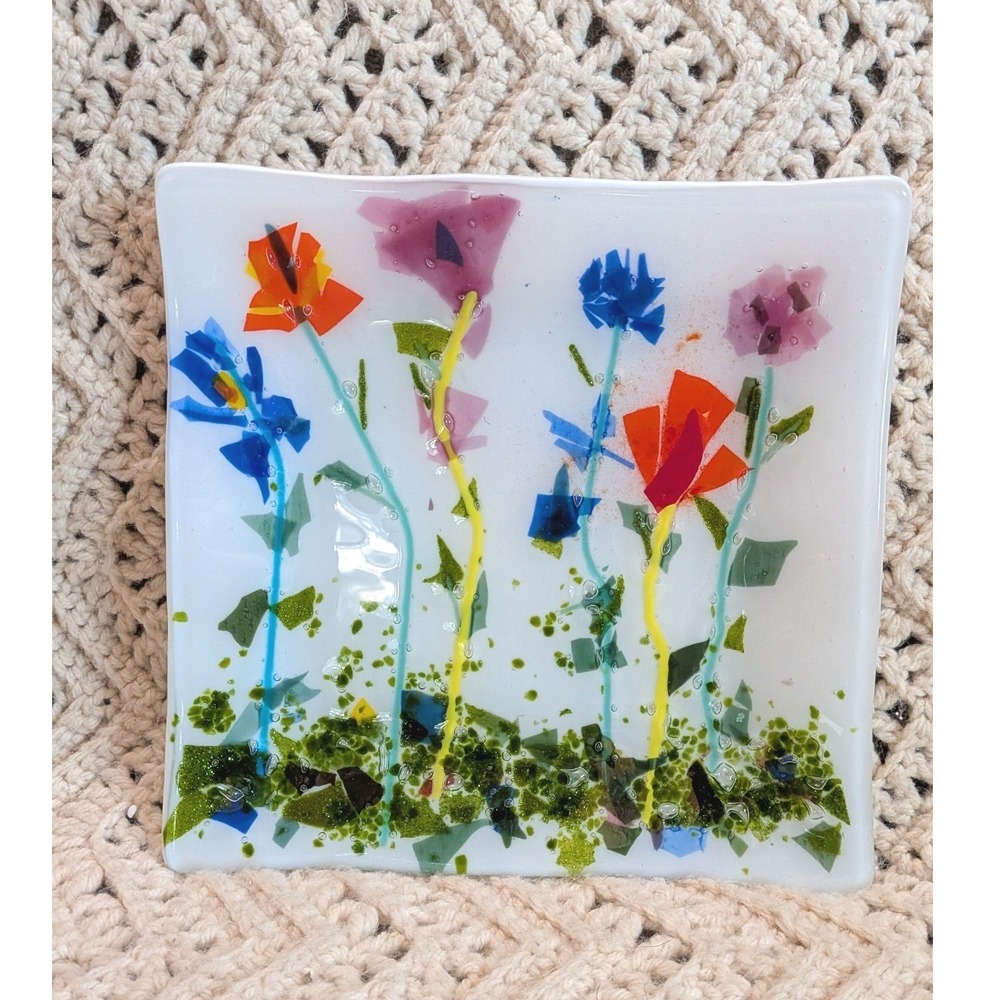 Handmade Fused Art Glass Wildflower Square Plate Trinket Dish 7.5"